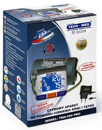 Ciśnieniomierz elektroniczny TECH-MED TMA-500 PRO z zasilaczem, pomiar podczas pompowania, pamięć 2x120