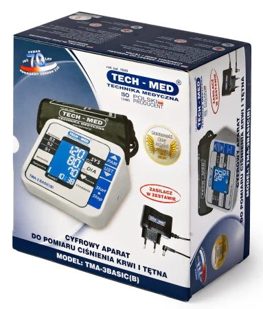 Ciśnieniomierz naramienny TECH-MED TMA-3BASIC (B) z zasilaczem, pomiar podczas pompowania, wykrywa arytmię