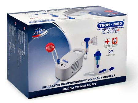 Inhalator kompresorowy z irygatorem TM-NEB HOSPI TECH-MED – do nebulizacji i oczyszczania zatok, do pracy ciągłej, 2 maski