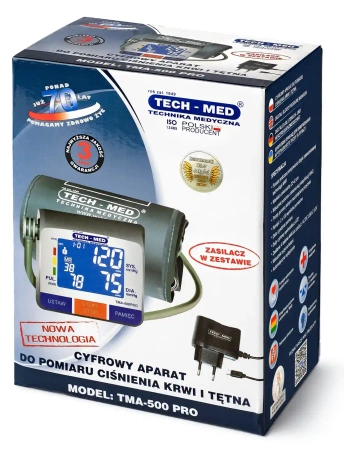 Ciśnieniomierz elektroniczny TECH-MED TMA-500 PRO z zasilaczem, pomiar podczas pompowania, pamięć 2x120