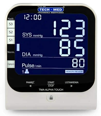Ciśnieniomierz TMA-ALPHA TOUCH z zasilaczem, pomiar podczas pompowania, dotykowy ekran, wykrwa arytmię