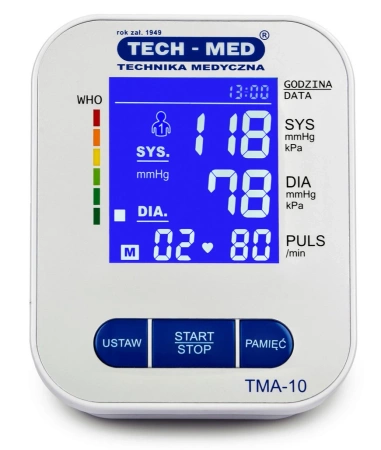 Ciśnieniomierz elektroniczny TMA-10 TECH-MED z zasilaczem USB, podświetlany ekran, wykrywa arytmię