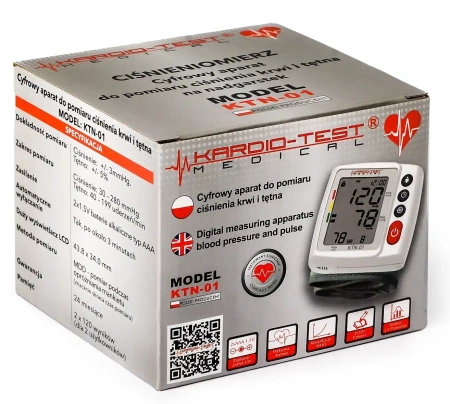 Ciśnieniomierz nadgarstkowy elektroniczny KTN-01 KARDIO-TEST, wykrywa arytmię, pamięć 2x120