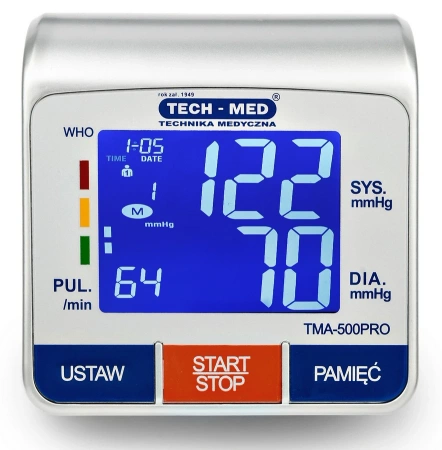 Ciśnieniomierz elektroniczny TMA-500 PRO TECH-MED, pomiar podczas pompowania, wykrywa arytmię, pamięć 2x120, 22-42 cm