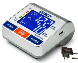 Ciśnieniomierz elektroniczny TECH-MED TMA-500 PRO z zasilaczem, pomiar podczas pompowania, pamięć 2x120
