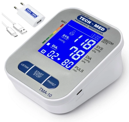 Ciśnieniomierz elektroniczny TMA-10 TECH-MED z zasilaczem USB, podświetlany ekran, wykrywa arytmię